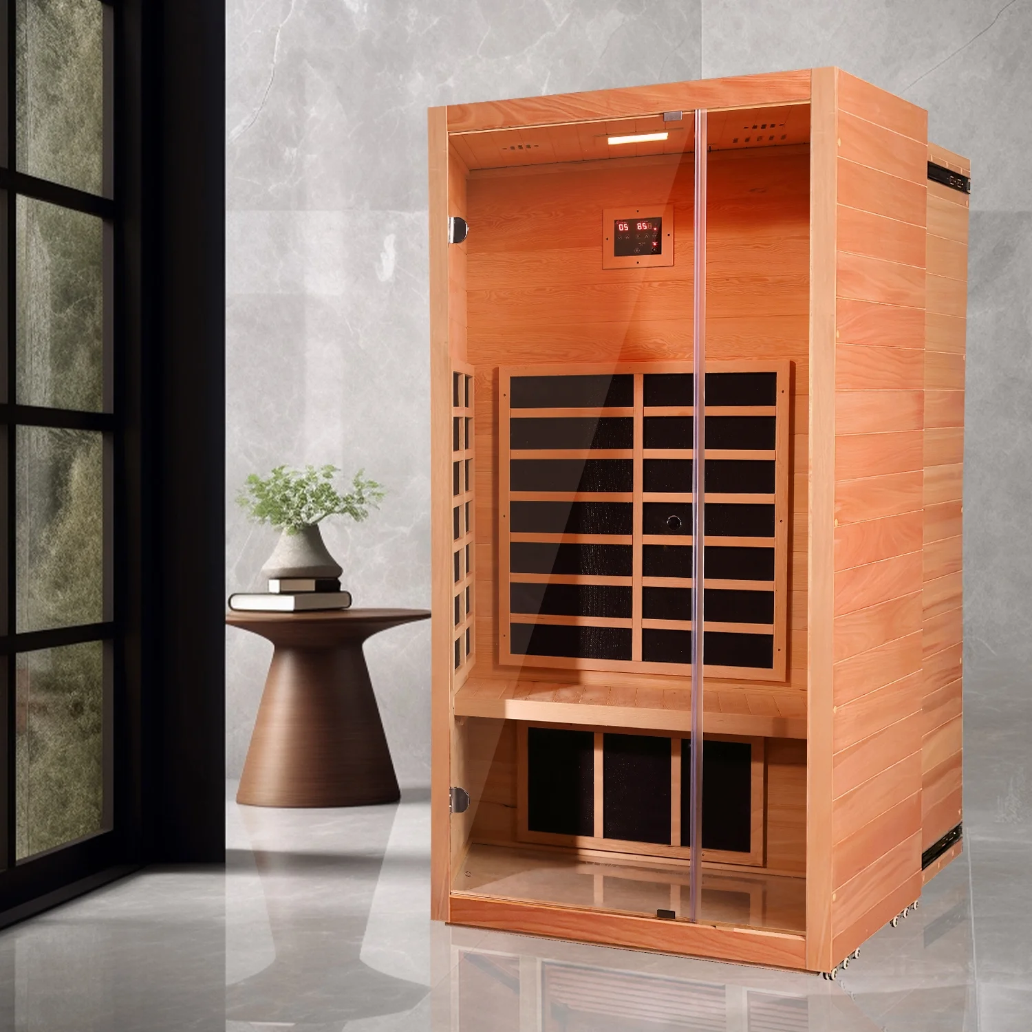 1-Person Extendable Infrared Sauna – Hemlock Wood Indoor System with Bluetooth, LED Lighting & Digital Controls