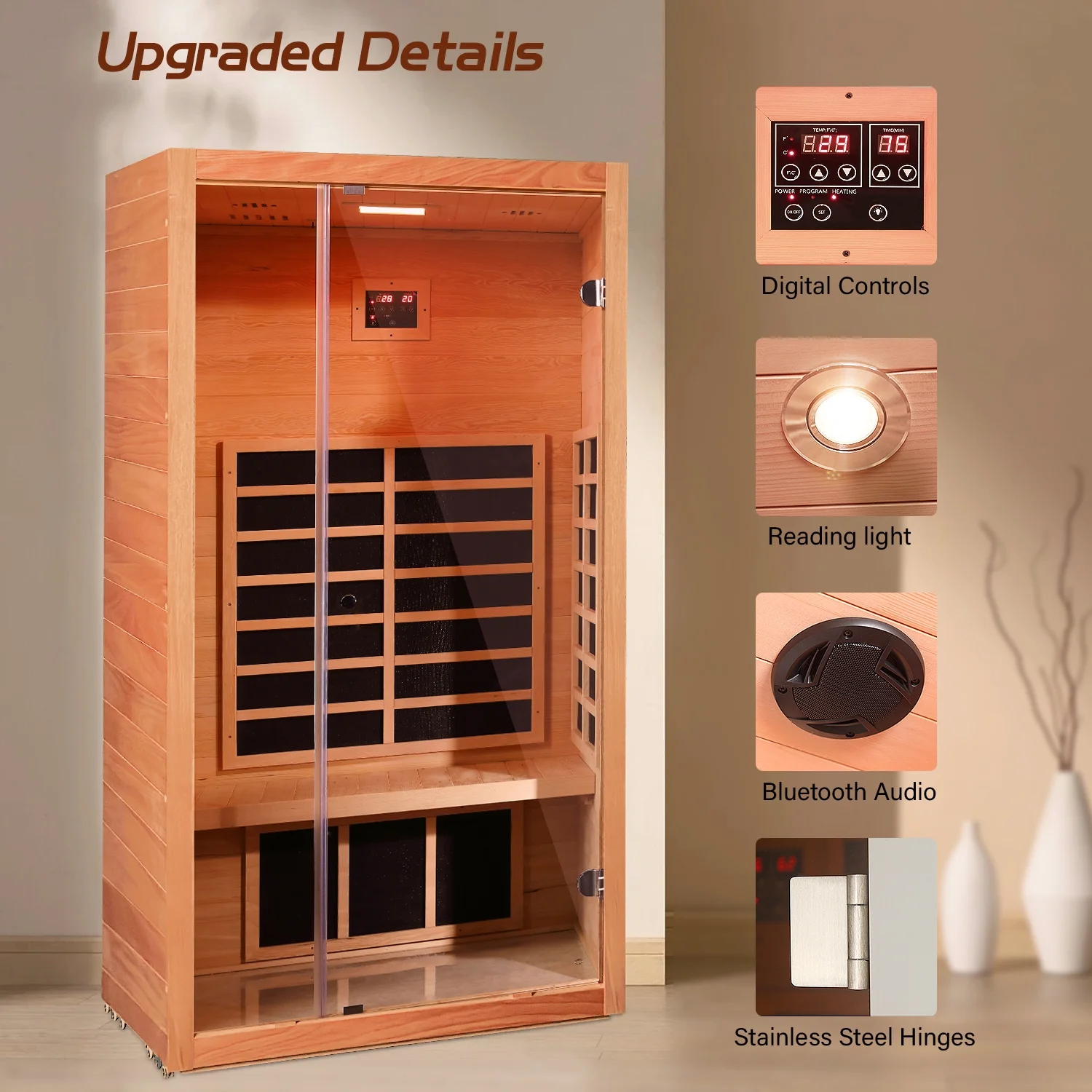 1-Person Extendable Infrared Sauna – Hemlock Wood Indoor System with Bluetooth, LED Lighting & Digital Controls