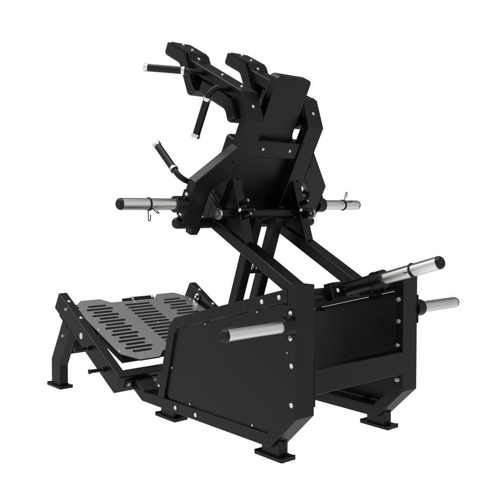 Excel Glute Line Hack Squat / Front Squat - Muscle D Fitness - Plate Load Squat Machine - Counter Balanced - Plate Storage Pegs