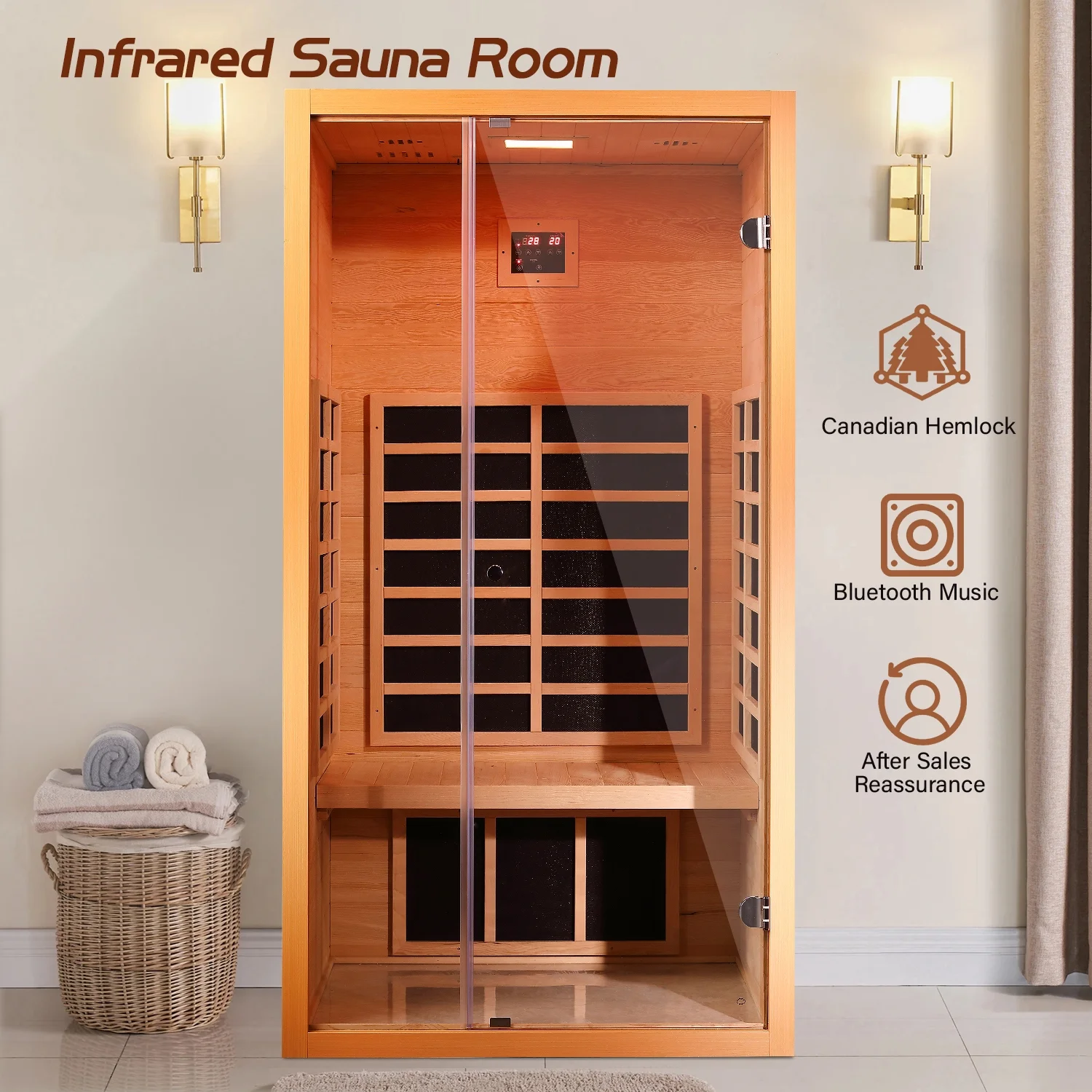 1-Person Extendable Infrared Sauna – Hemlock Wood Indoor System with Bluetooth, LED Lighting & Digital Controls