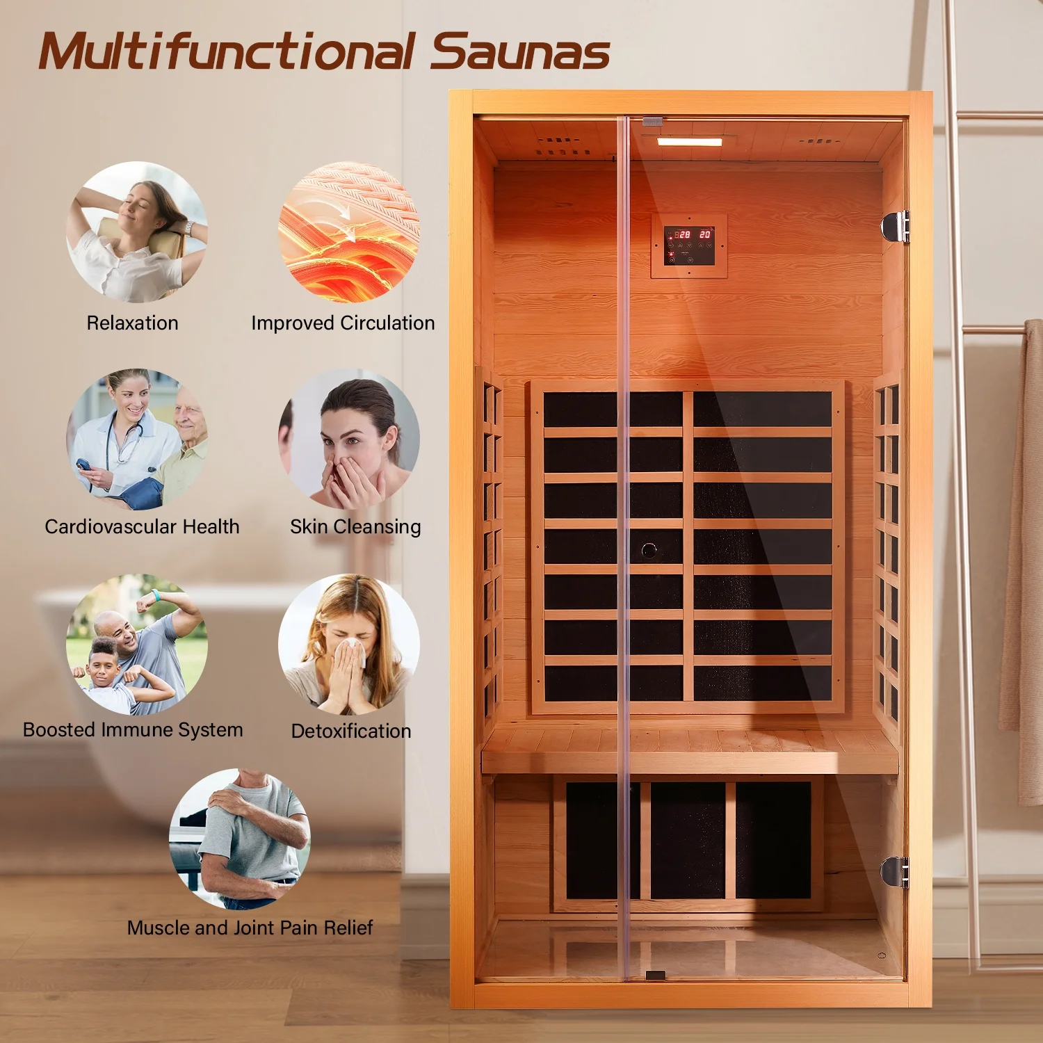 1-Person Extendable Infrared Sauna – Hemlock Wood Indoor System with Bluetooth, LED Lighting & Digital Controls