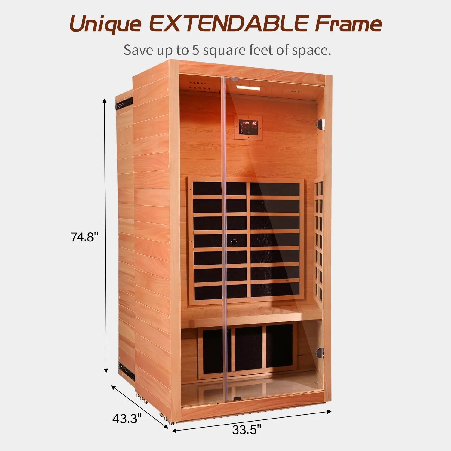 1-Person Extendable Infrared Sauna – Hemlock Wood Indoor System with Bluetooth, LED Lighting & Digital Controls