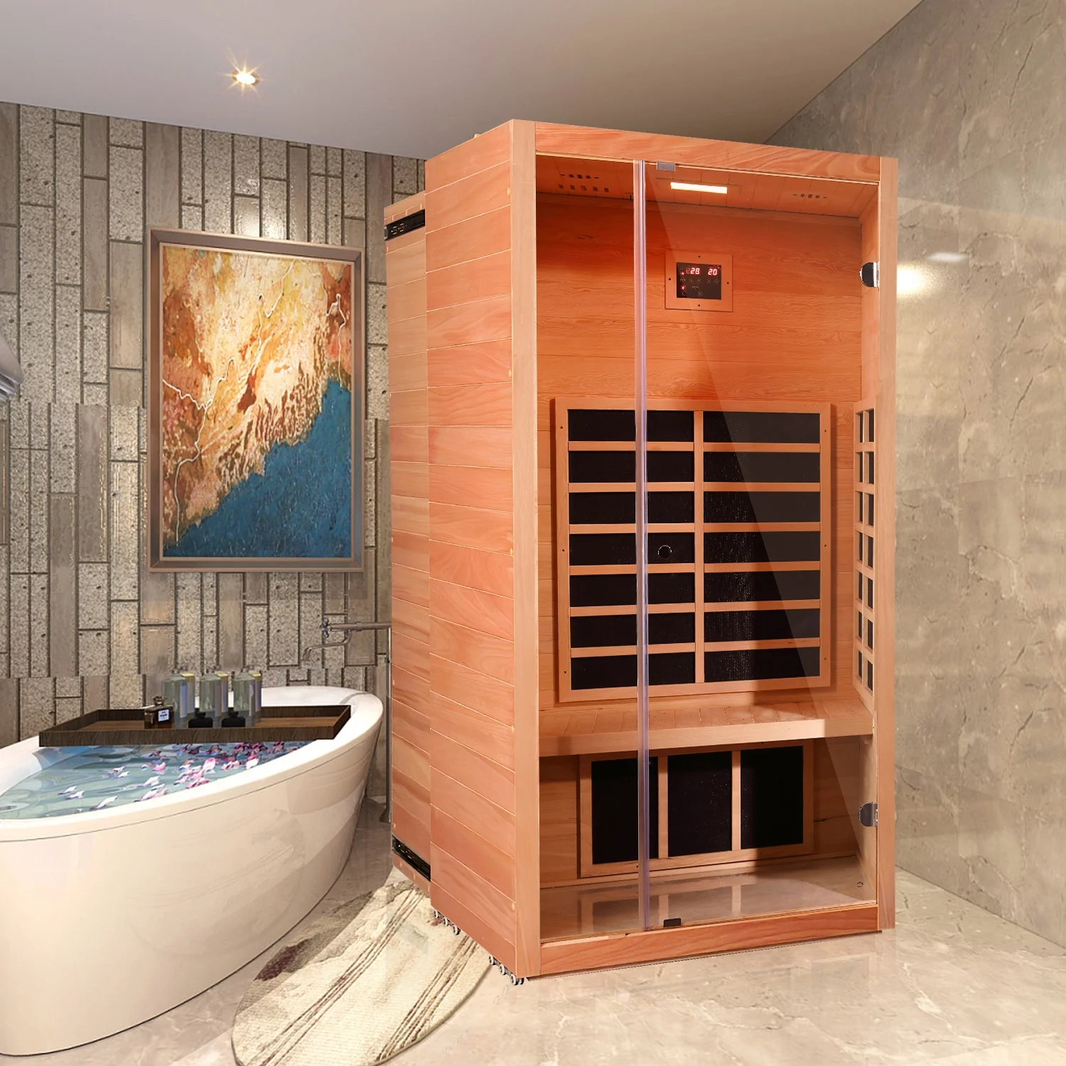 1-Person Extendable Infrared Sauna – Hemlock Wood Indoor System with Bluetooth, LED Lighting & Digital Controls